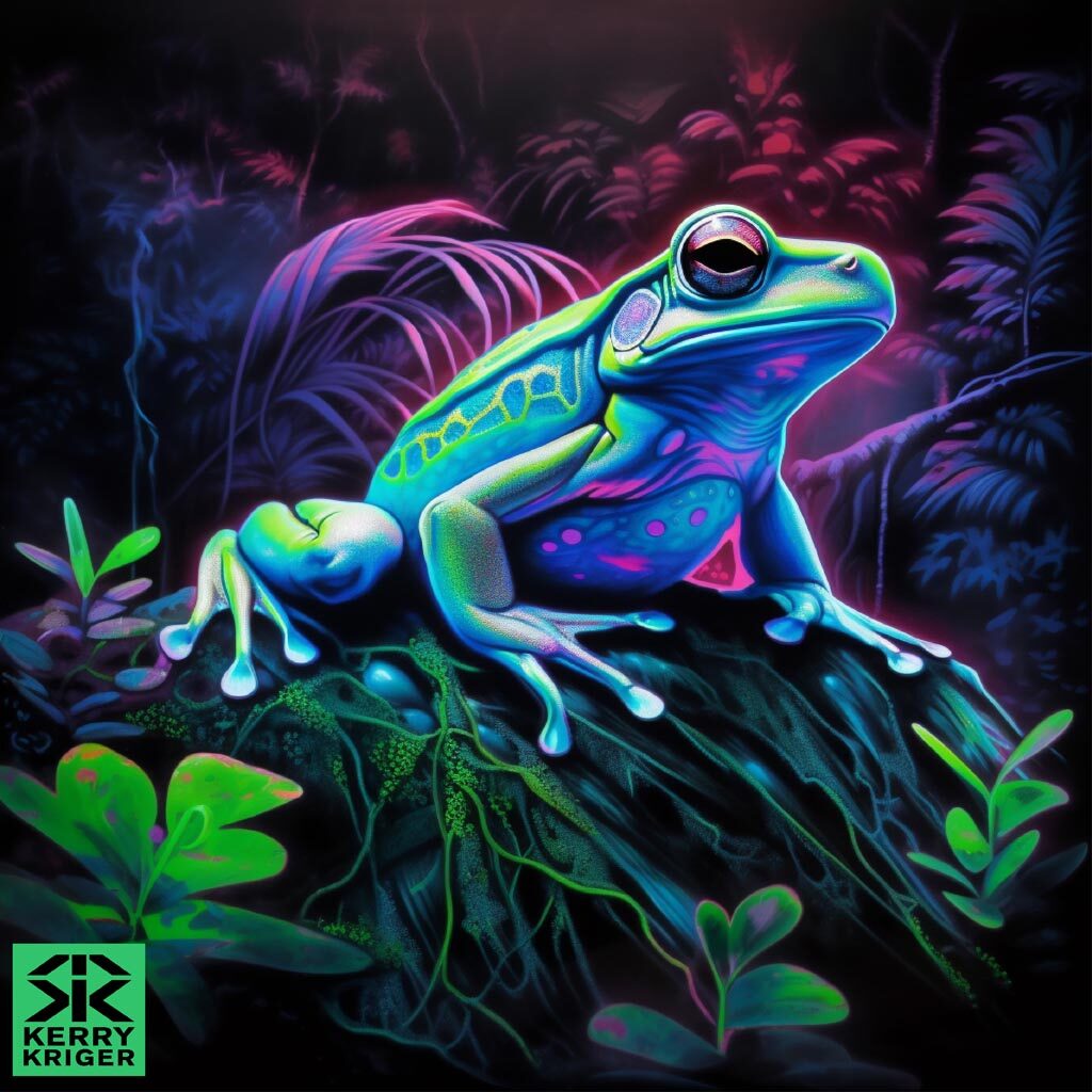 Cloud Forest Blacklight Frogs Midjourney Kerry Kriger Art 3 logo