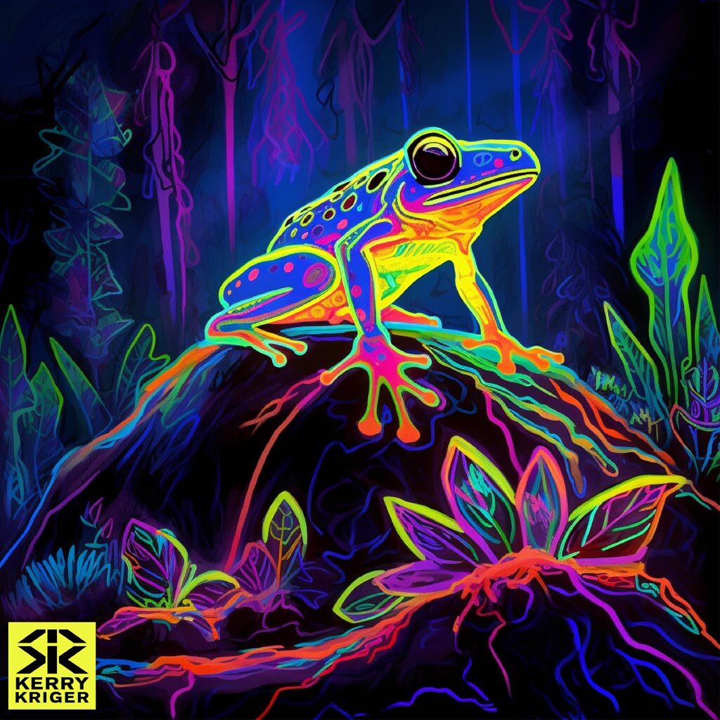 Cloud Forest Blacklight Frogs - Midjourney Kerry Kriger Art 4 logo