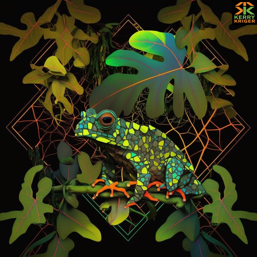 Digital Geometric Neon Treefrogs Three Rainforest Midjourney Art Kerry Kriger