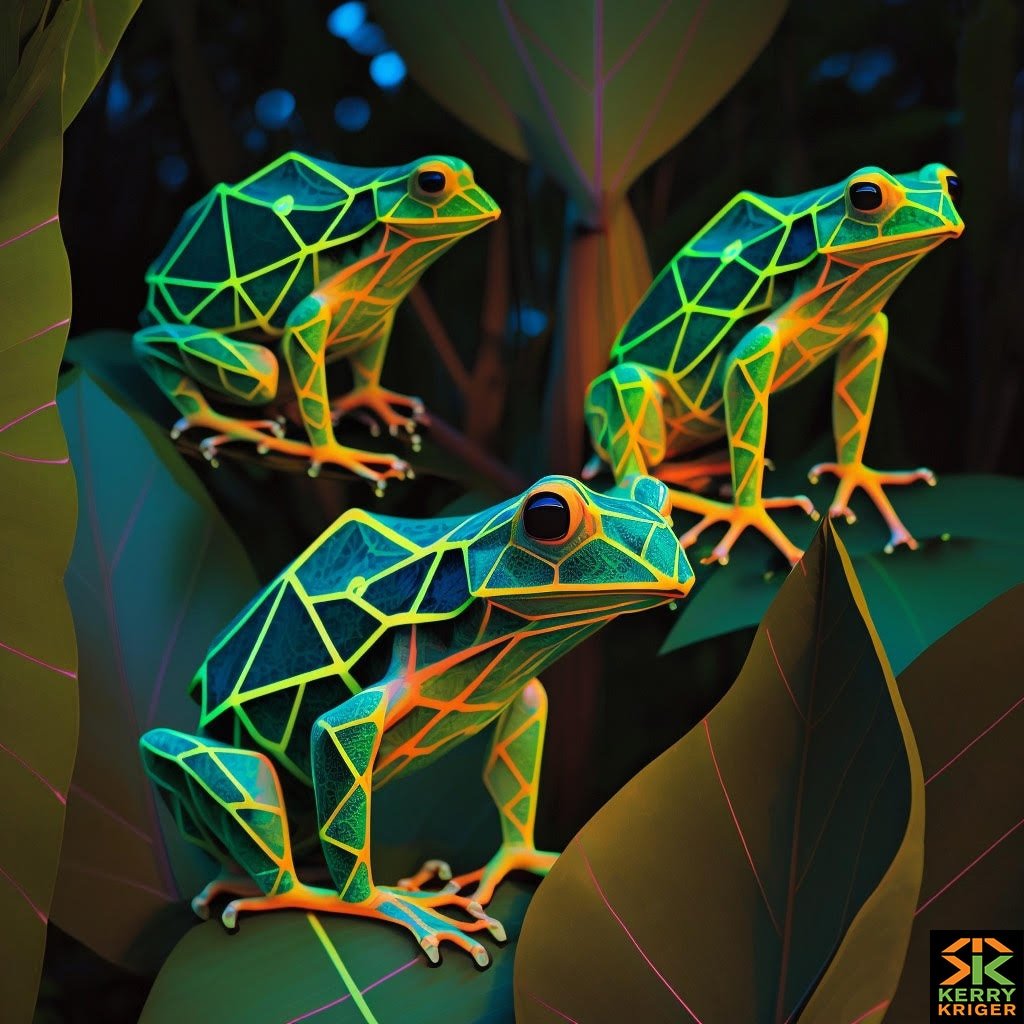 Digital Geometric Neon Treefrogs Rainforest Midjourney Art Kerry Kriger