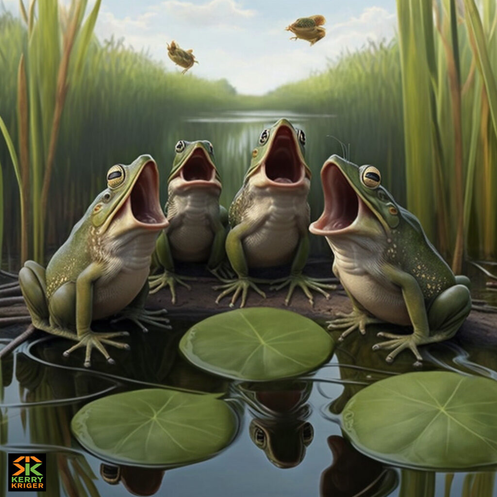 Salvador Dali frogs calling at wetland Midjourney Kerry Kriger Art 1024 logo