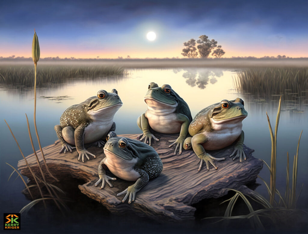 walk on wildside frogs midjourney kerry kriger art four frogs wetlands 1400 logo