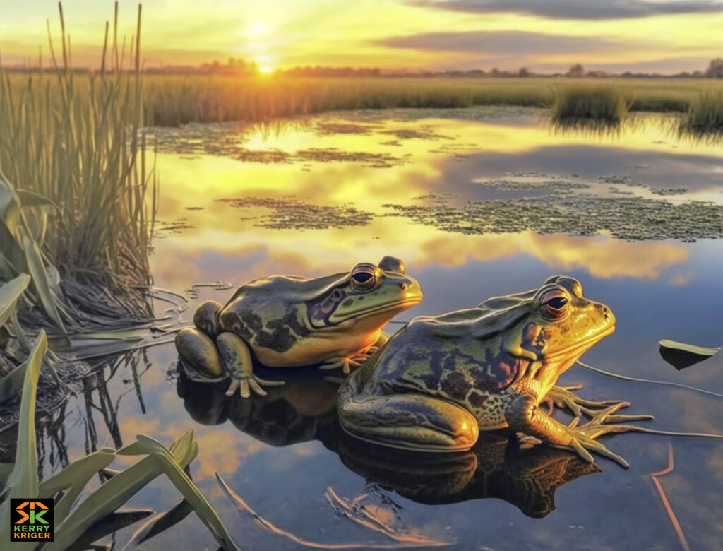 walk on wildside frogs midjourney kerry kriger art sunset wetlands a 1400 logo